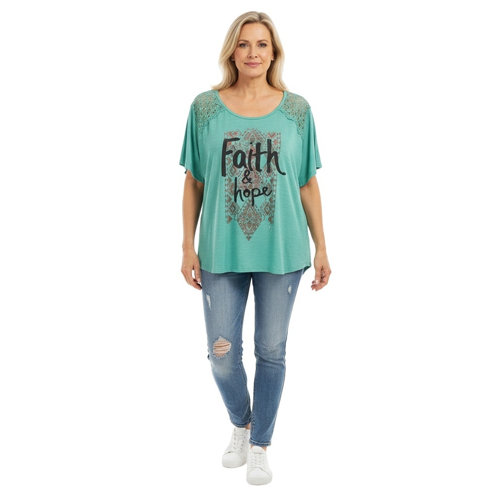 LEVEL EIGHT Women’s Plus Size Top 3XL Green Lace Yoke “Faith & Hope” Graphic Tee